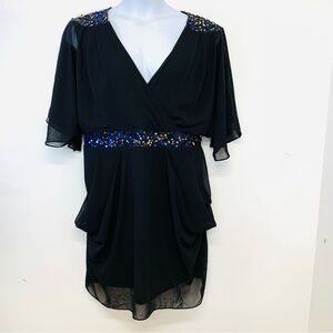 City Chic Dress M 18 Empire Chiffon‎ Black Sheer Lined Flare Sleeve Sequin Trim